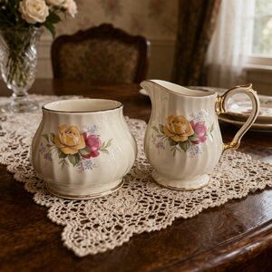 Vintage Sadler Pink and Yellow Rose Cream and Sugar Set James Sadler and Sons